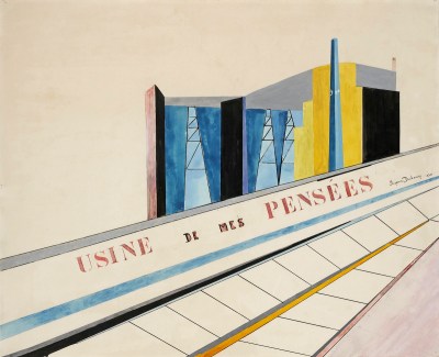 A painting of an abstracted factory above text reading 'USINE DE MES PENSEES.'