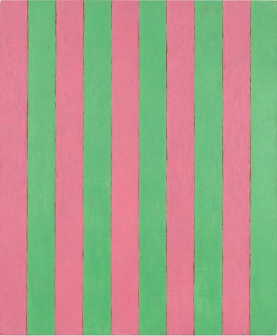 An abstract painting with pink and green stripes.