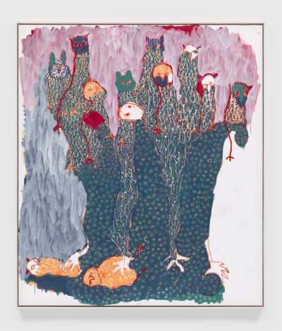 A painting of tall animals against a brushy background.