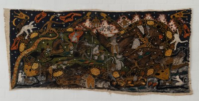 A painting showing a snake surrounding clusters of people and animals.