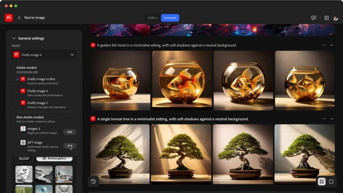 Adobe's Firefly generative AI app converting text to images.
