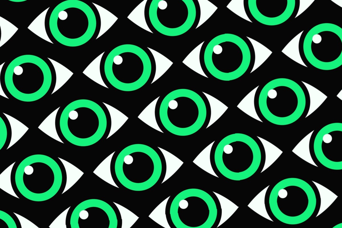 Cocospy-stalkerware-apps-go-offline-after-data-breach.jpeg Green eyes with a white glint on a patterned black background.