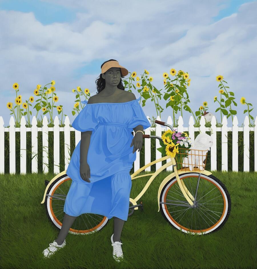 Amy Sherald, A Midsummer Afternoon Dream, 2021. Oil on canvas, 106 × 101 × 2 1/2 in. (269.24 × 256.54 × 6.35cm). Private Collection. © Amy Sherald. Courtesy the artist and Hauser & Wirth. Photograph by Joseph Hyde