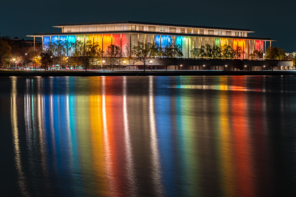 Kennedy-Center-Cancels-Pride-Month-Schedule.jpg The exterior of the John F. Kennedy Center of the Performing Arts building reflected in the Potomac River, 2024, Washington, D.C.