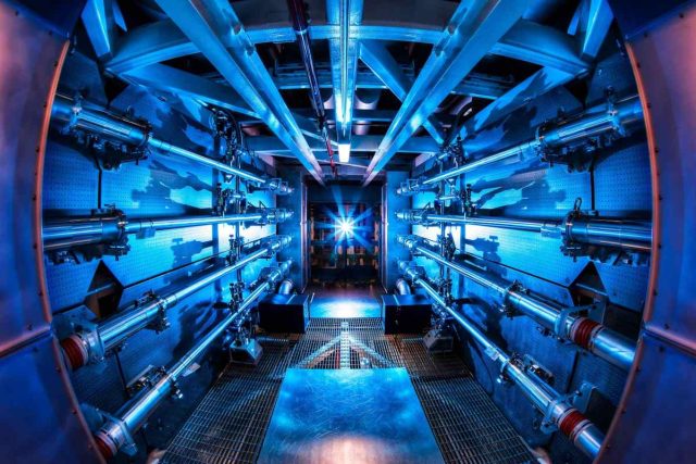 Laser-powered-fusion-experiment-more-than-doubles-its-power-output.jpeg A light shines on laser preamplifiers at the National Ignition Facility.