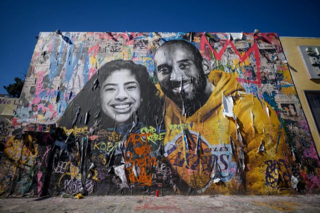 A mural depicting Kobe Bryant and his daughter Gianna by artist Mr Brainwash, 2025, Los Angeles, California.