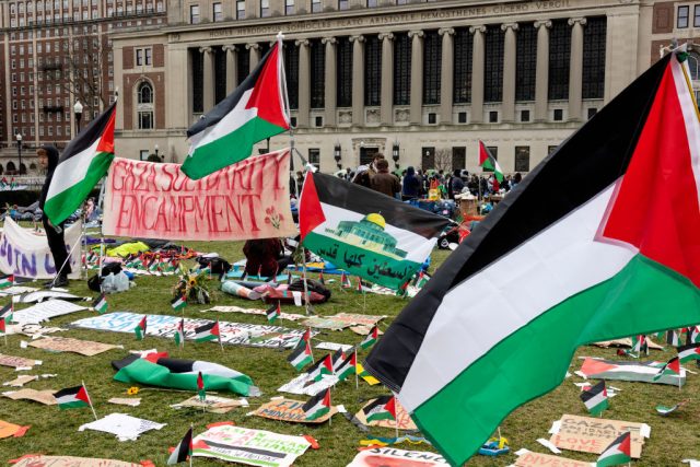 Pro-Palestinian students occupy a central lawn on the Columbia University campus for the fifth day in New York on April 21, 2024.