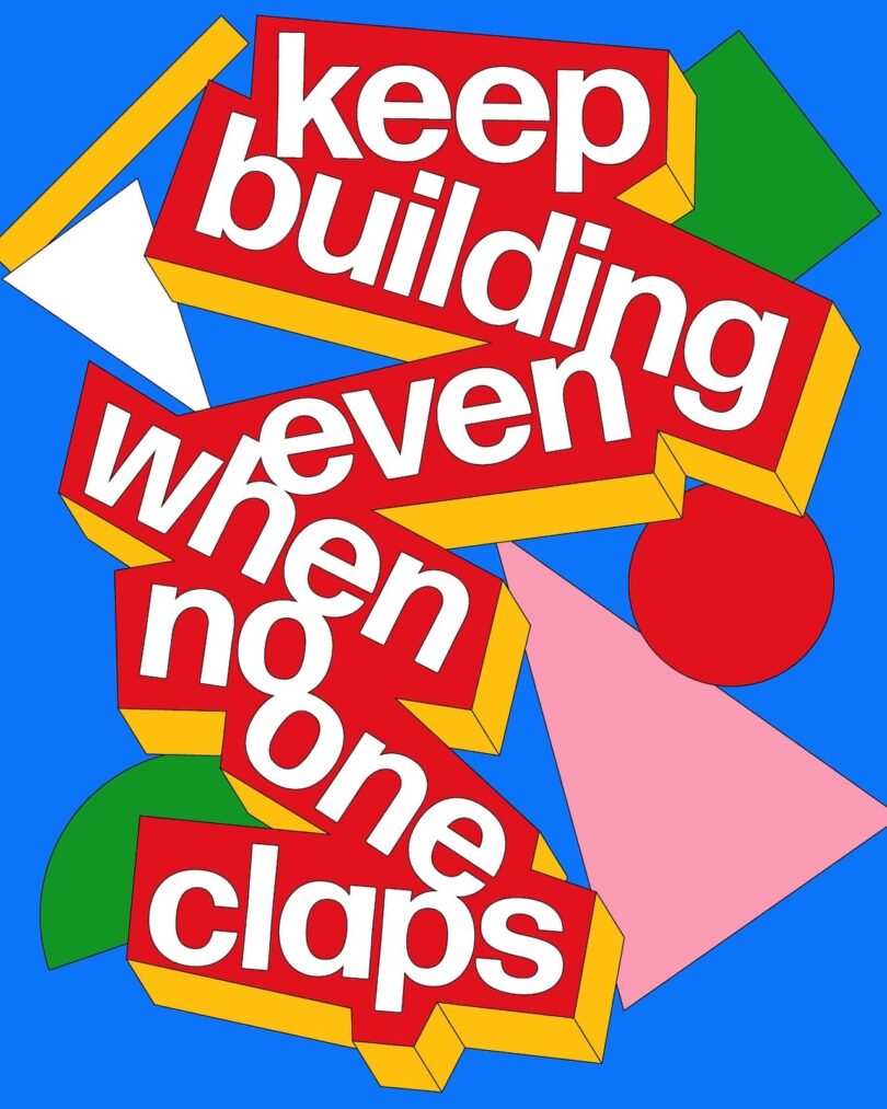 Colorful geometric background with bold white and red text reading, 