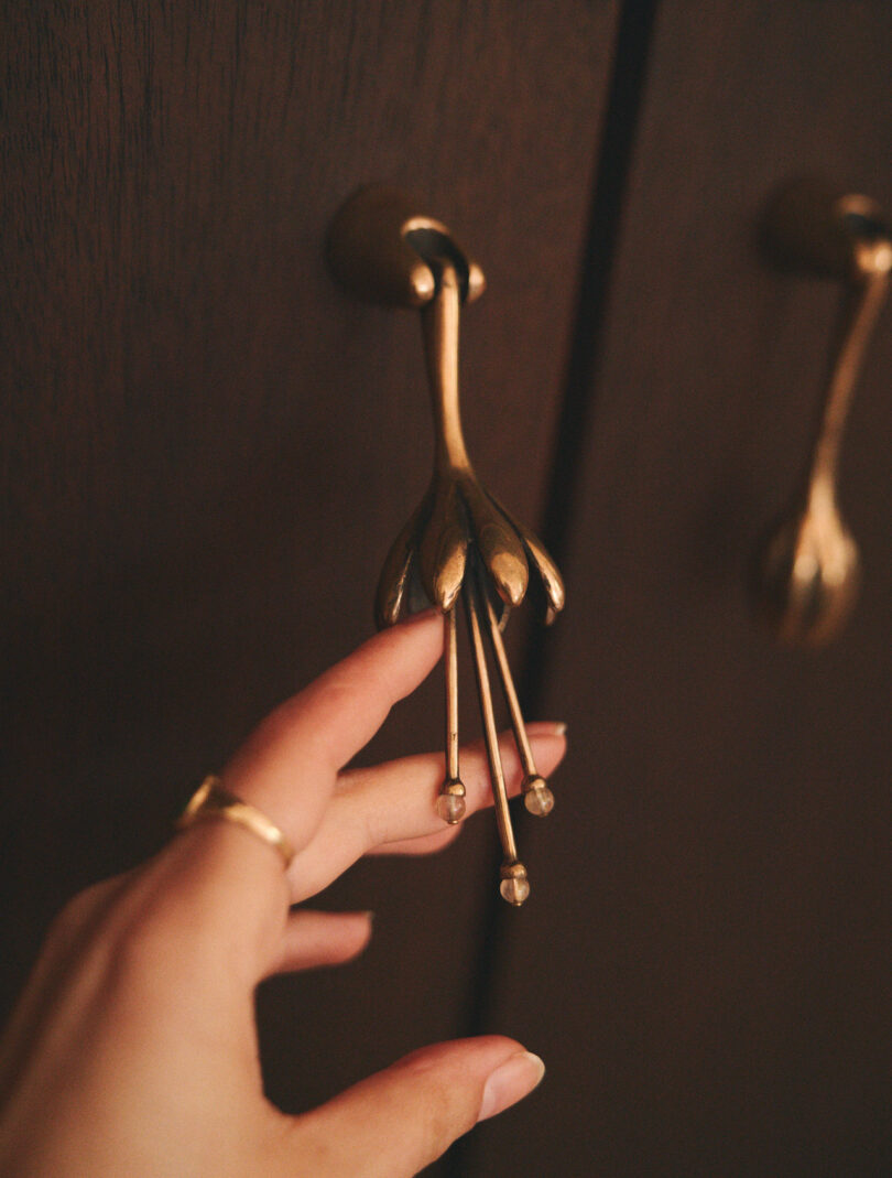 A hand reaches for an ornate brass cabinet handle shaped like a flower with elongated petals, attached to a dark wooden surface