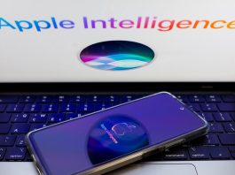 The Apple Siri and Apple Intelligence are being displayed on a smartphone screen and in the background.