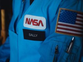 A recreation of NASA astronaut Sally Ride's iconic name tag on her blue jumpsuit during the STS-7 launch.