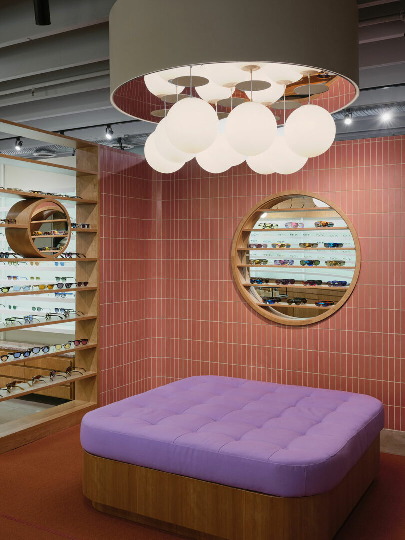 Eye-catching eyewear store interior with a purple cushioned bench, round wall mirror, and shelves displaying glasses. White spherical lights hang above, enhancing the modern design.