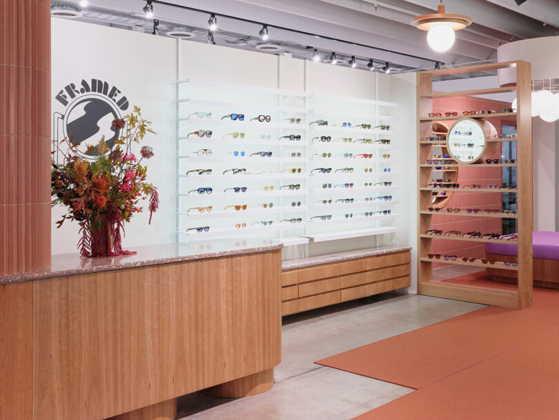 A modern eyewear store interior with display shelves showcasing various glasses. A vase with flowers is on a wooden counter. Bright lighting and a stylish decor complete the setting.