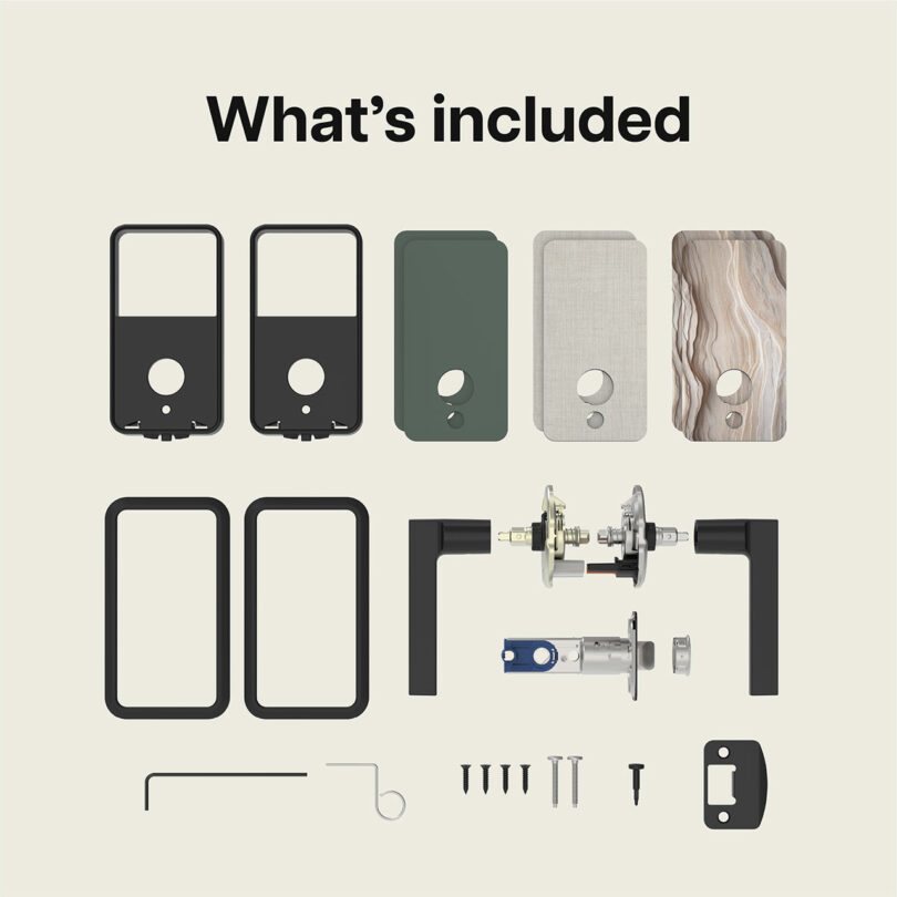 Laid out components of a Pin & Tumbler Schlage door lock set, including handles, faceplates, covers, internal mechanisms, screws, a mounting plate, and an Allen wrench, under the text