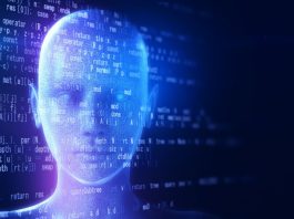 Holographic human type AI robot and programming data on a black background.