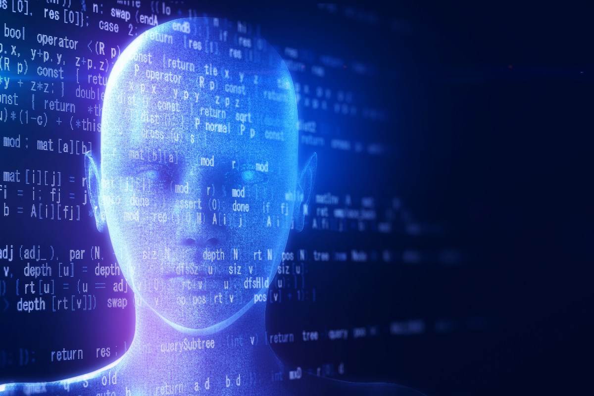 Cursors-Anysphere-nabs-99B-valuation-soars-past-500M-ARR.jpg Holographic human type AI robot and programming data on a black background.