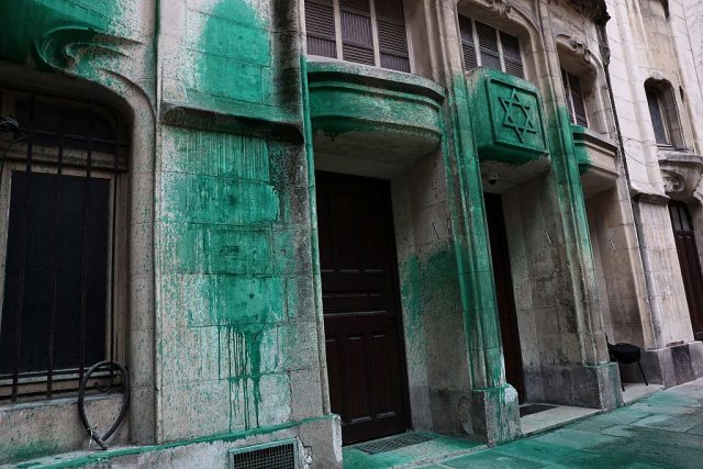 Holocaust-Museum-Synagogues-Vandalized-With-Green-Paint-in-Paris.jpg A photo shows green paint thrown on the walls of the Agoudas Hakehilos synagogue in Paris on May 31, 2025. The Shoah Memorial, two synagogues, and a restaurant in central Paris were sprayed with green paint overnight on May 30, 2025, according to police sources. (Photo by Thibaud MORITZ / AFP) (Photo by THIBAUD MORITZ/AFP via Getty Images)