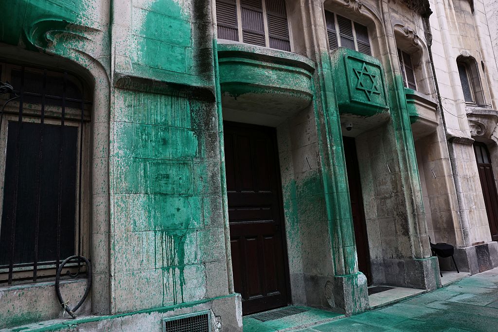 Holocaust-Museum-Synagogues-Vandalized-With-Green-Paint-in-Paris.jpg A photo shows green paint thrown on the walls of the Agoudas Hakehilos synagogue in Paris on May 31, 2025. The Shoah Memorial, two synagogues, and a restaurant in central Paris were sprayed with green paint overnight on May 30, 2025, according to police sources. (Photo by Thibaud MORITZ / AFP) (Photo by THIBAUD MORITZ/AFP via Getty Images)