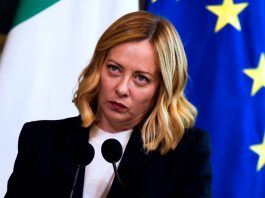 Prime Minister Giorgia Meloni makes statements to the press during the meeting with the Swedish Prime Minister at Palazzo Chigi, on February 26, 2025 in Rome, Italy.