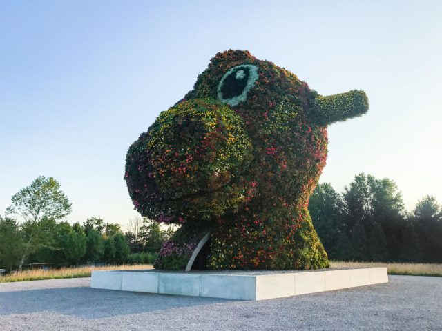 POTOMAC, MD - JULY 10, 2017: Jeff Koonss sculpture Split-Rocker at Glenstone is composed of tens of thousands of flowering plants. This side is the dinosaur side, which is made up of magenta, orange, and yellow flowers. (Photo by Jennifer Heffner for The Washington Post via Getty Images)