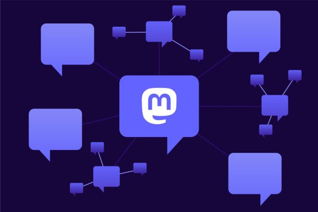 Mastodon-updates-its-terms-to-prohibit-AI-model-training.jpg purple text bubbles floating on black background. one has an M on it