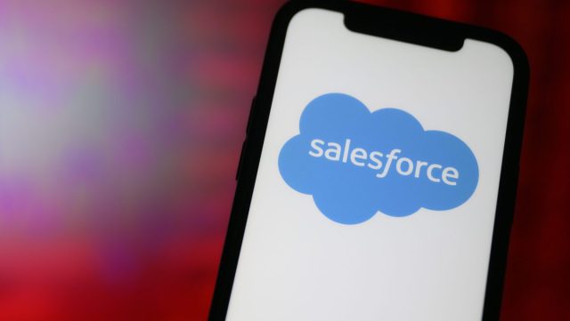 Salesforce-buys-Moonhub-a-startup-building-AI-tools-for-hiring.jpg Salesforce logo on smartphone screen