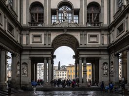 View of the Uffizi Museum courtyard, 2024, Florence, Italy.