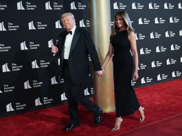 President Donald Trump and First Lady Melania Trump arrive for a performance of "Les Misérables" at the Kennedy Center June 11, 2025, in Washington, D.C.