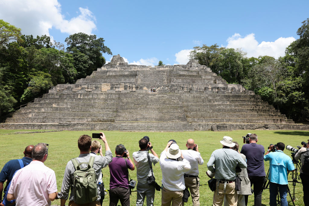 1600-Year-Old-Tomb-of-Mayan-Citys-Founding-King-Discovered-in-Belize.jpg CHIQUIBUL, BELIZE - MARCH 21: A general view of the media as Prince William, Duke of Cambridge and Catherine, Duchess of Cambridge visit Caracol Mayan archaeological site in the Chiquibul Forest on the third day of a Platinum Jubilee Royal Tour to the Caribbean on March 21, 2022 in Chiquibul, Belize. The Royal couple are on the first leg of a Caribbean Tour that takes in Belize, Jamaica and The Bahamas. (Photo by Chris Jackson/Getty Images)