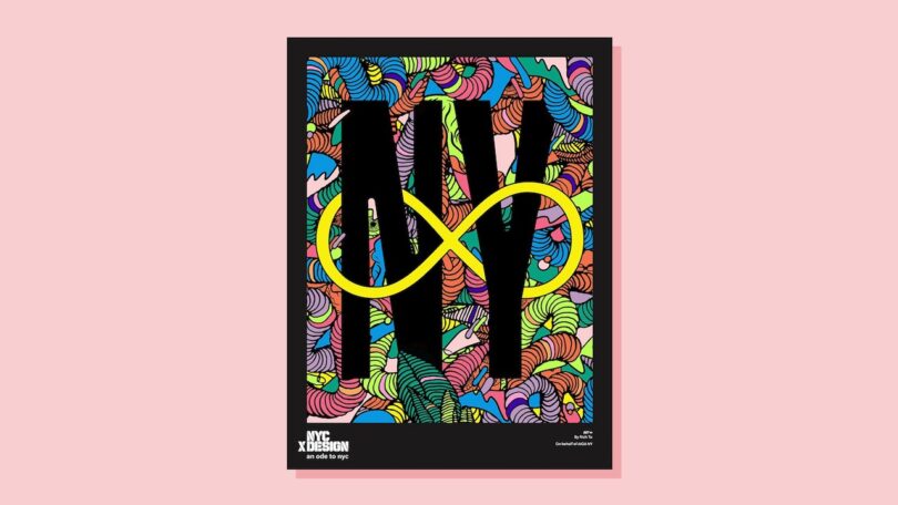 A colorful abstract poster with bold black letters 