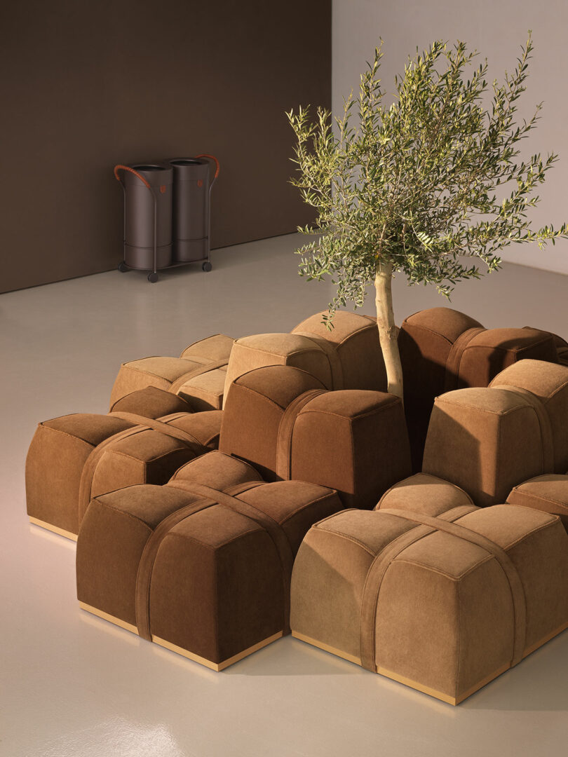 Modular brown and tan ottomans by Mizetto are arranged around a potted tree in a minimalist room, with a dark storage bin in the background.