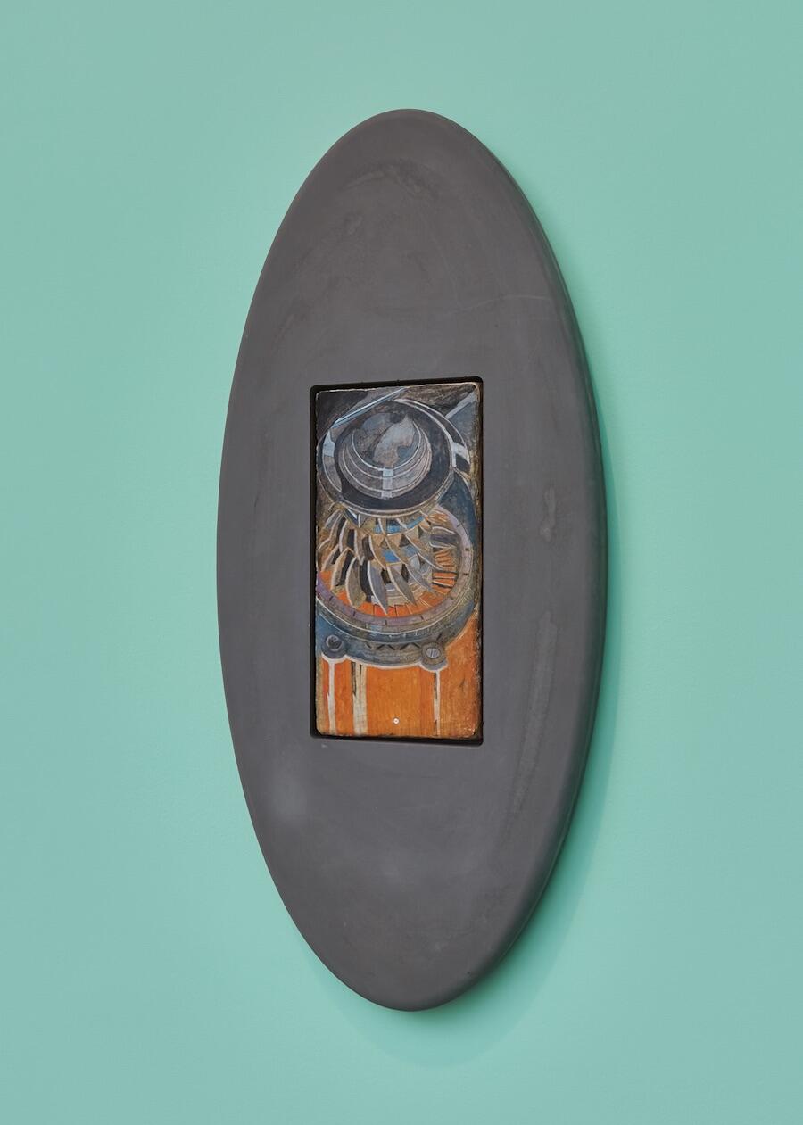 Rafał Zajko, Spectre IV (Helter Skelter), 2025. Fresco on terracotta, bio concrete frame, 76 x 35 x 4 cm. Courtesy: the artist and Coulisse Gallery. Photo: Inês Costa