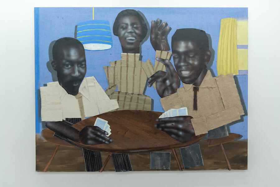 Toby CATO Grant, Mes Knight, 2025. Acrylic and cut canvas on jute, 2.1 × 1.6 m. Courtesy: the artist and Harlesden High Street