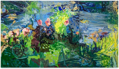 An abstract painting of flowers and greenery amid a blue background.