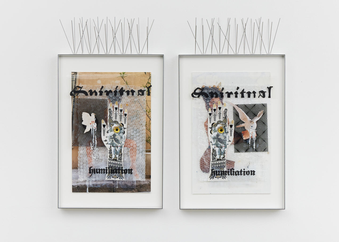 Detail view: Sophia Al-Maria, unpleasant feeling, 2022 Diptych c-type print, acrylic on acetate, found material, acrylic, bubble wrap, pigeon deterrent spikes, aluminium frame Each: 59 x 32.5 x 9 cm (23 1/4 x 12 3/4 x 3 1/2 in) Courtesy of the artist and Project Native Informant, London
