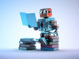 Robot sitting on a bunch of books, reading a book.