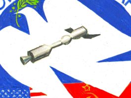 a crop from a larger artist's concept for a spcae mission patch showing a white dove with a green olive branch inits mouth, a spacecraft and a blue background