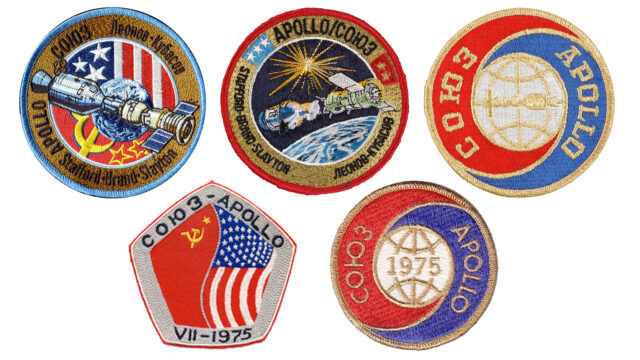 five colorful embroidered space patches each related to the 1975 Apollo -Soyuz Test Project