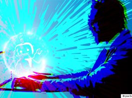 an illustration of a person using an AI chatbot on a blue, explosive background