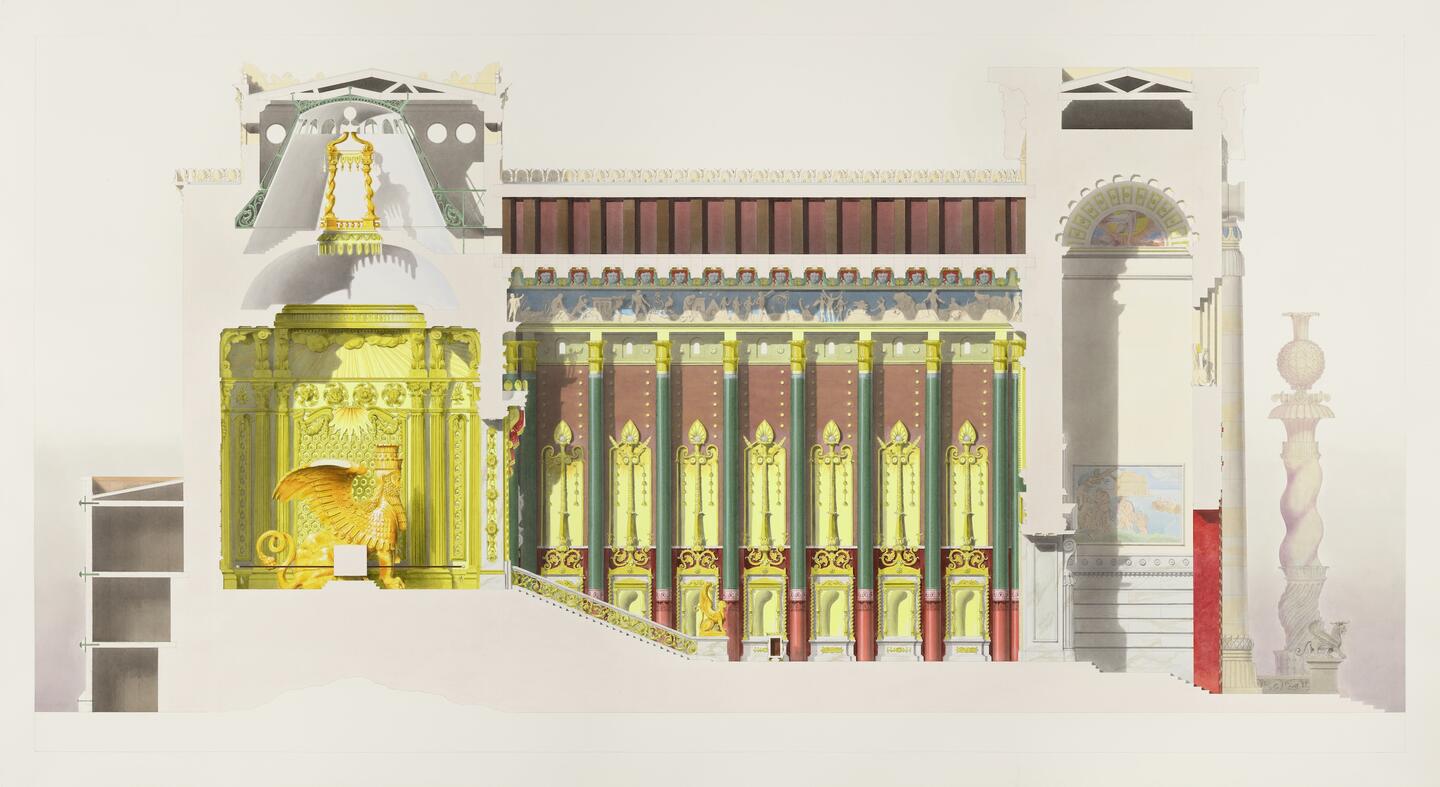 Pablo Bronstein, Pablo Bronstein Temple of Solomon I, cross-section 2024–2025. Acrylic on paper, 105 x 200 cm. Courtesy: the artist and Herald Street