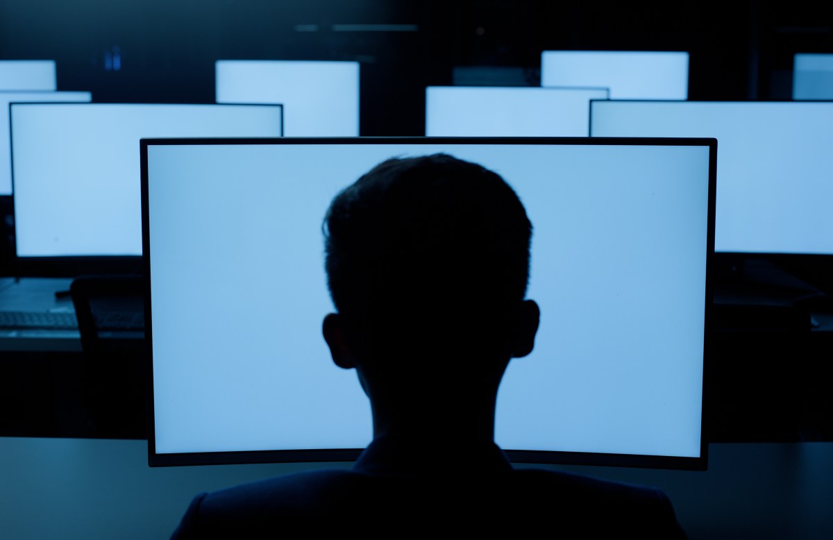 Everyone-in-tech-has-an-opinion-about-Soham-Parekh.jpg Person, desktop or blue screen at night in information technology lab with back of developer or programmer. Software development, networking and system administration for computer or connection