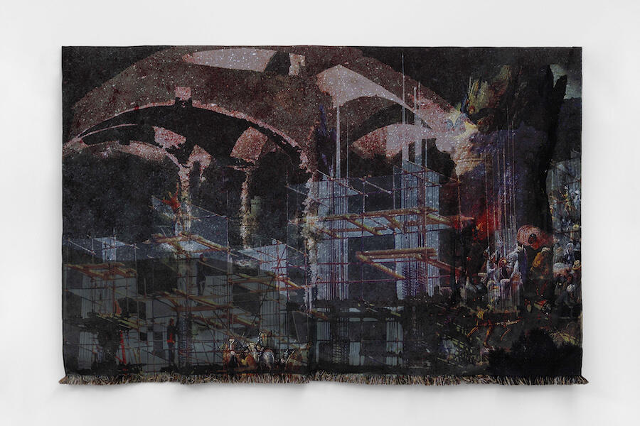 Marianne Fahmy, The flow of Hidden Waters, 2024. Jacquard-woven tapestry crafted from wool and cotton, 150 × 250 cm. Courtesy: the artist and Gypsum