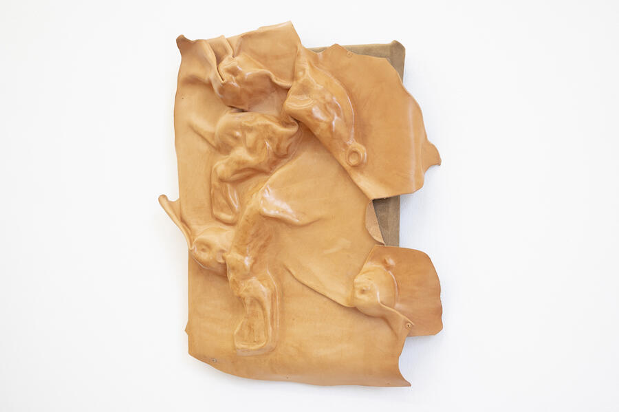 Ana Gzirishvili, Untitled, 2024. Molded leather, wooden frame, nails, 58 x 51 x 13 cm. Courtesy: the artist and Gallery Artbeat