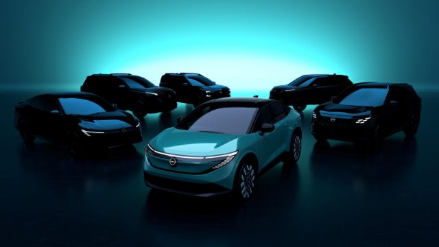Nissan-feels-the-effect-of-US-China-trade-war.jpg A Nissan Leaf surrounded by other Nissan concepts that are in shadow