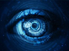 Digital illustration of an eye as an abstract representation Internet surveillance.