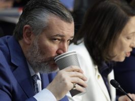 Sen. Ted Cruz drinks from a cup during a Senate committee hearing. Sen. Maria Cantwell sits next to him.