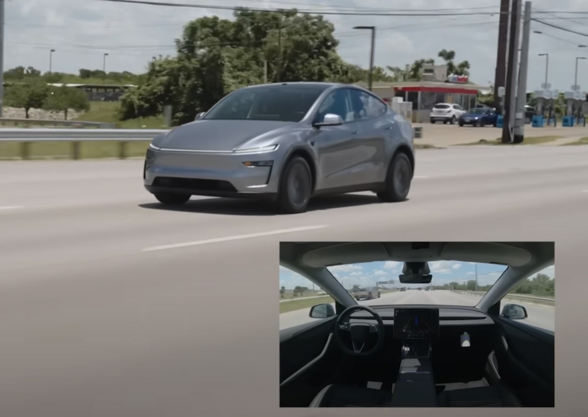 Tesla-sends-driverless-Model-Y-from-factory-to-customer-to.jpg A screenshot of a video of a Tesla Model Y delivering itself to a customer in Austin, Texas